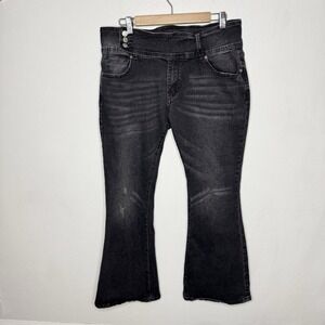 Flamingo Flare Distressed Black Denim Jeans Button Womens 2XL Retro Boho Western
